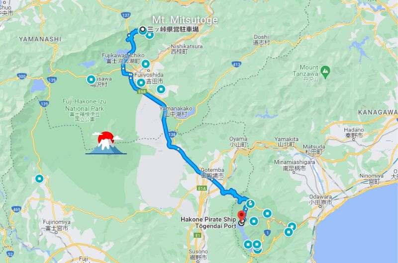 Map of route on day 2 of Hakone 2-day itinerary