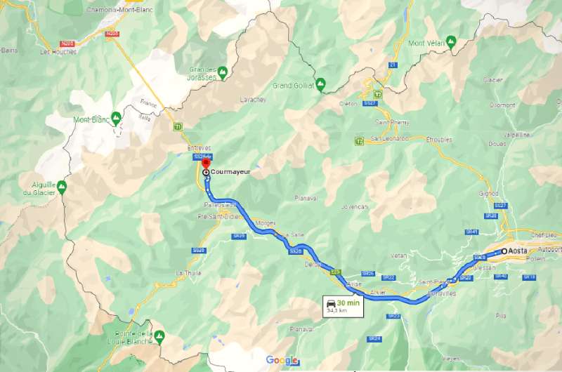 Map of getting to Mont Blanc, Italy