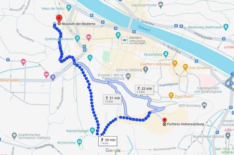 Map, Museum of the Modern Art to Hohensalzburg Festung, Salzburg, Austria
