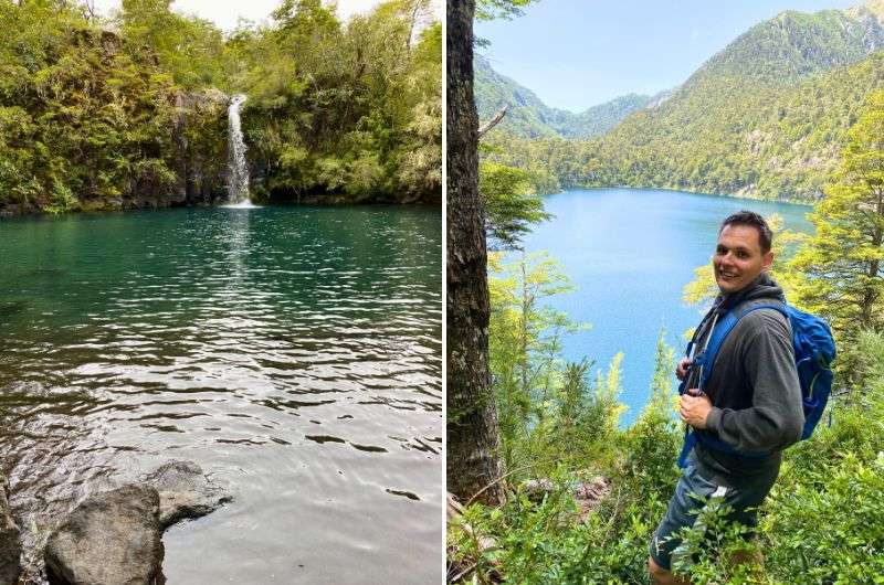 Tourist viewing waterfall and lake in Vicente Perez Rosales National Park in Chile, photos by Next Level fo Travel