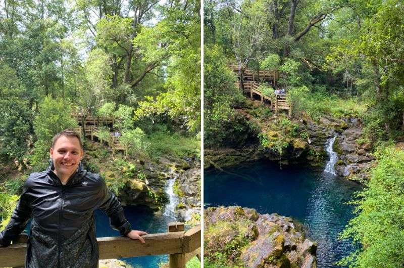 Traveler in Alerce Andino National Park in Chile standing on wooden walkways above lake, photo by Next Level of Travel