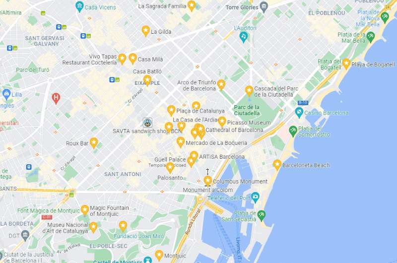 Map of self-guided tour around Barcelona, Spain