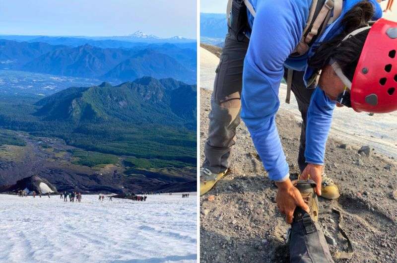 Photos from climbing the Villarrica Volcano in Chile and putting on the gear, taken by Next Level of Travel