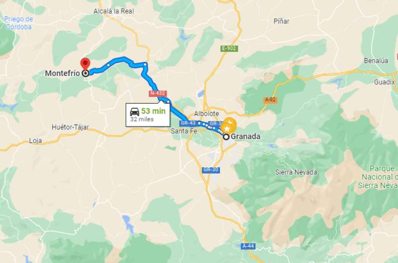Map of the trip from Granada to Montefrío