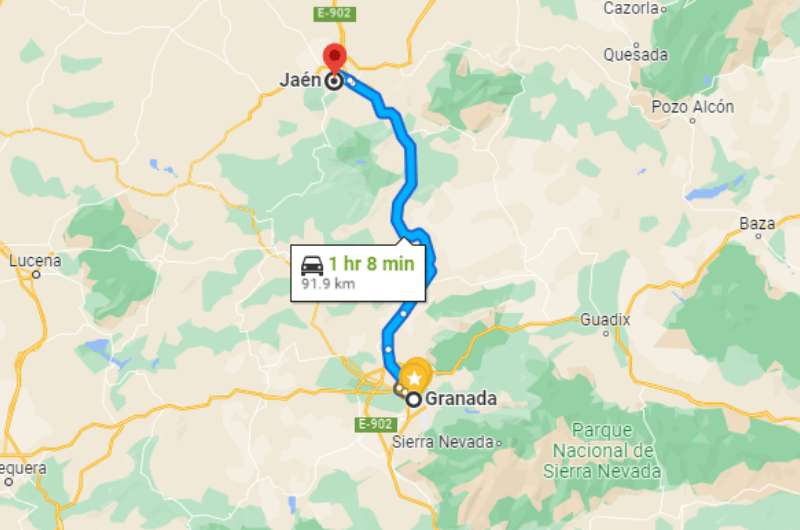 Map of trip to Jaén from Granada