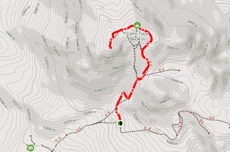 Map of trek to Cerro Toco Peak in Chile