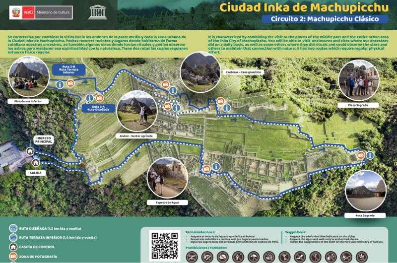 Machu Picchu map of circuit 2, route 2A and 2B