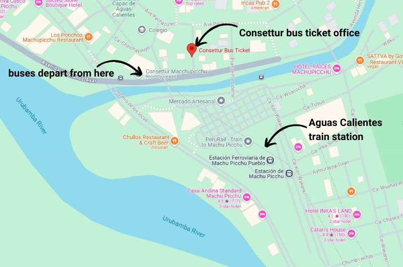 Map showing Estacion Machu Picchu, the Consettur bus ticket office and the departure point for the buses, Machu Picchu, Peru