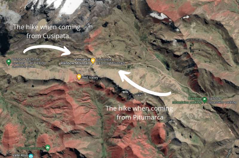 Approaches to Vinicunca Rainbow Mountain in Peru, map