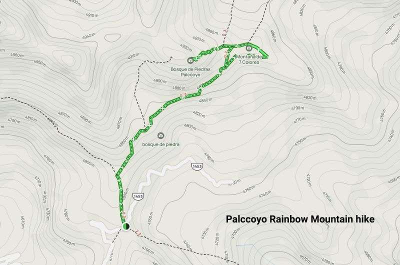 Palccoyo Rainbow Mountain hike in Peru, hiking trail map