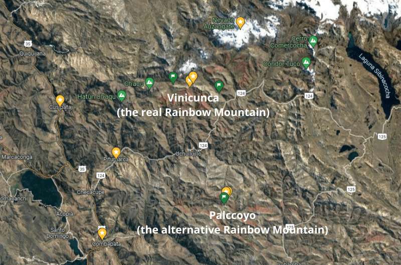 Vinicunca and Placcoyo on a map