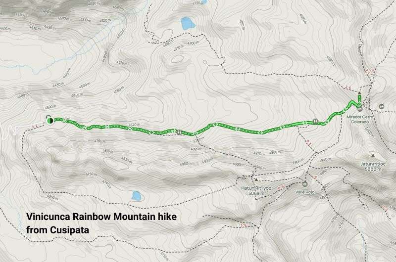 Vinicunca Rainbow Mountain hike in Peru from Cusipata town, hiking trail map