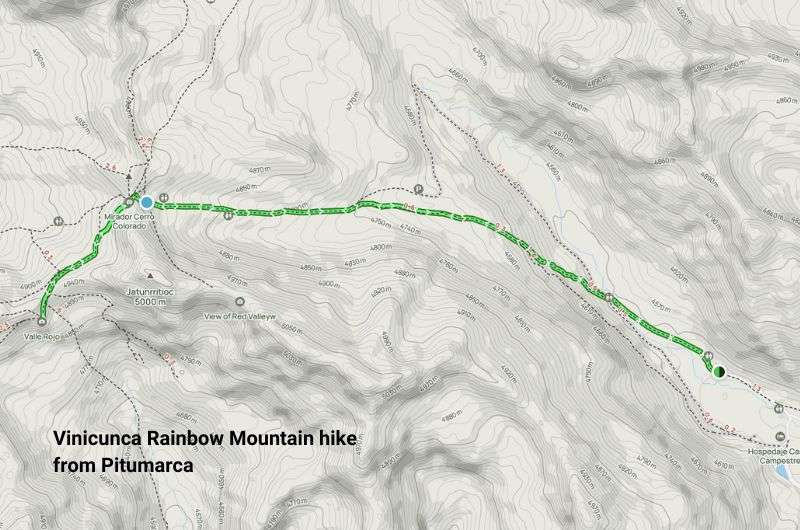 Vinicunca Rainbow Mountain hike in Peru from Pitumarca village, hiking trail map