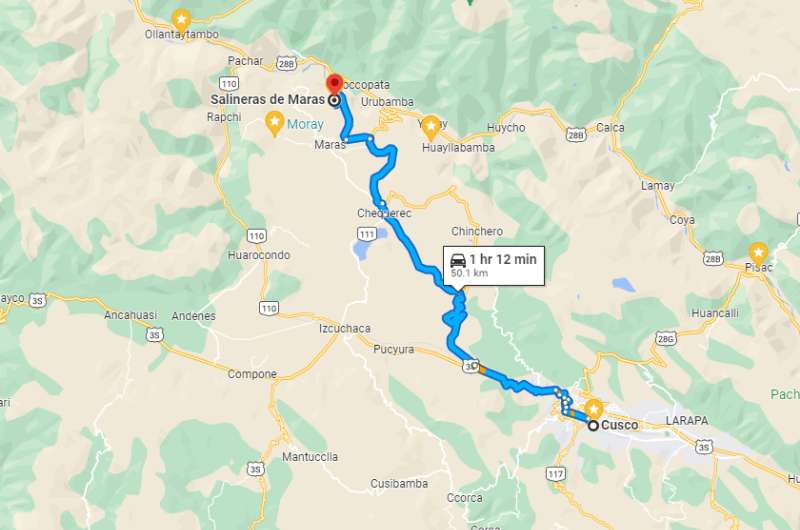 A map showing the drive from Cusco to the Maras salt pools, Moray and Maras guide