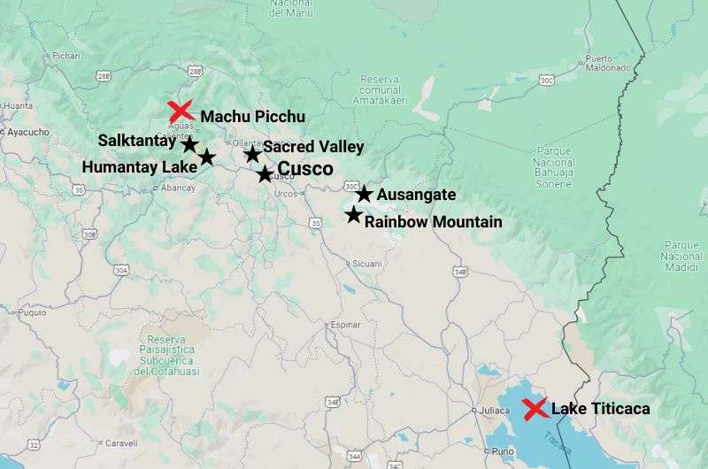 Map of day trips from Cusco to Sacred Valley Inca sites