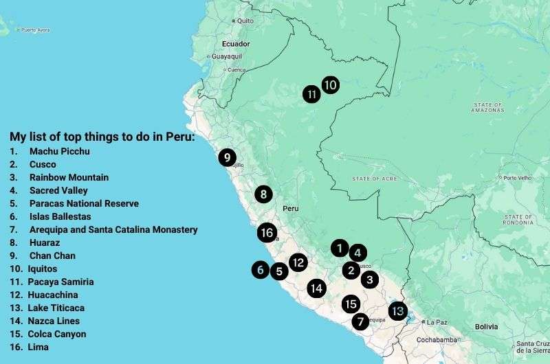 Map of top things to do in Peru by Next Level of Travel