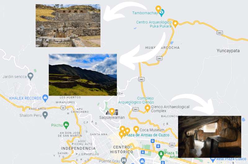 Tambomachay, Qenco and Puka Pukara on a map, Cusco top things to see