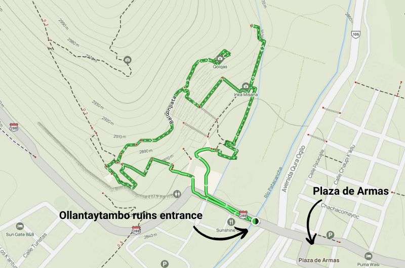 Map of walking route to self-guided tour of Ollantaytambo ruins in Sacred Valley, Cusco