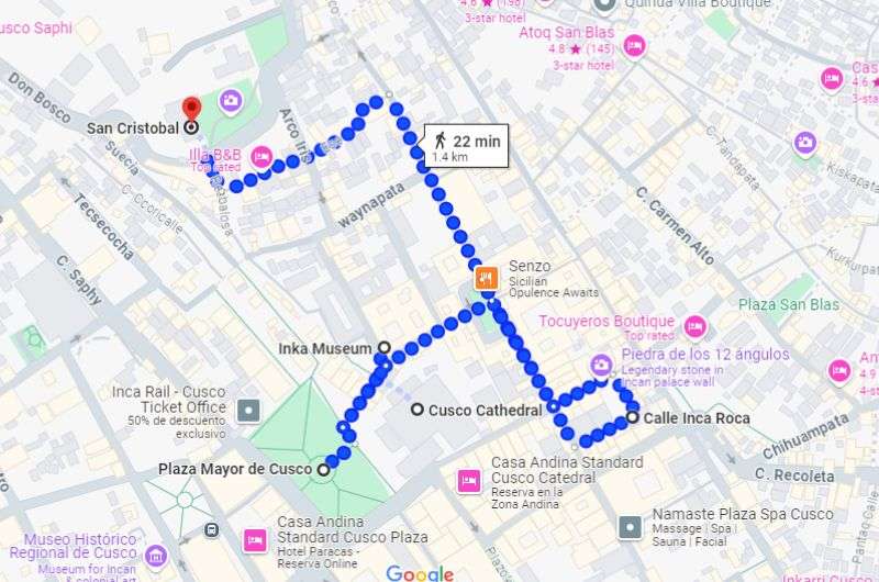 Map of Cusco city highlights, 2 week Peru itinerary