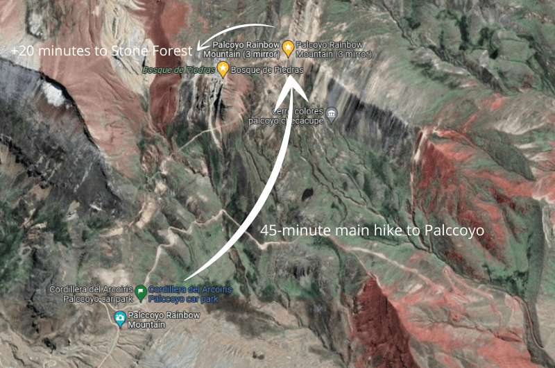 Map of route to Palccoyo Mountain, a Rainbow Mountain in Peru