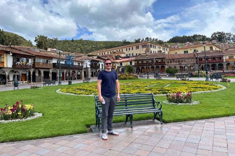 Traveler on main square of Cusco in Peru, photo by Next Level of Travel