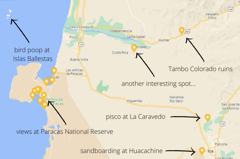 Map showing points of interest around Paracas in Peru