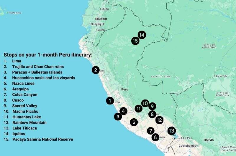 Stops of the Peru itinerary on a map