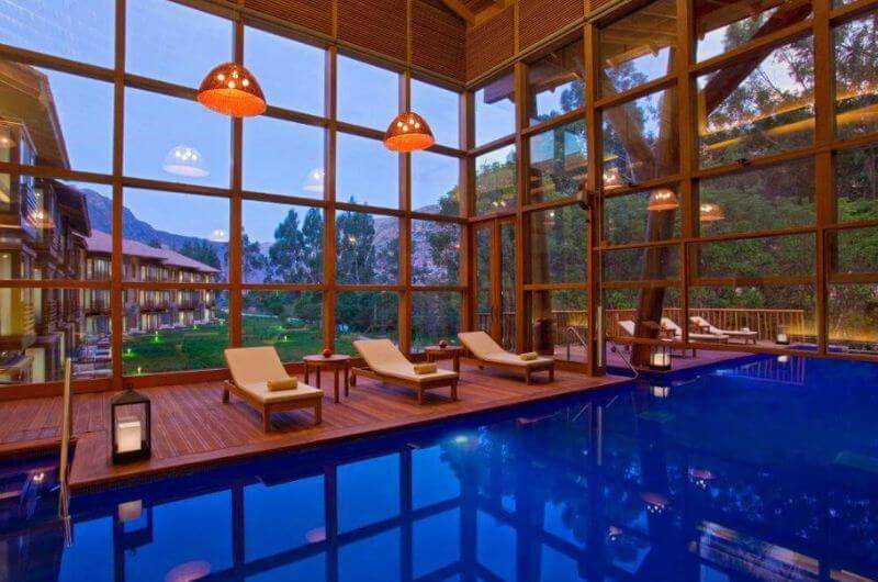 The pool area with nature views at the Tambo del Inka hotel in Urubamba, Sacred Valley in Peru