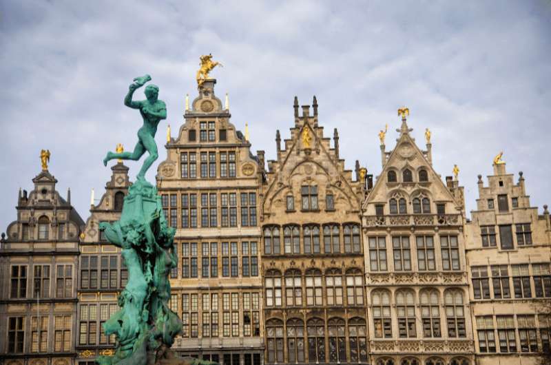 The facades of the buildings and a view of the fountain on Grote Markt, Antwerp