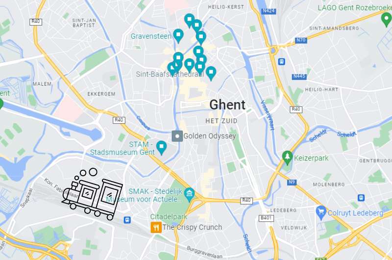 Map of Ghent city center showing highlights and train station location, Belgium day trips