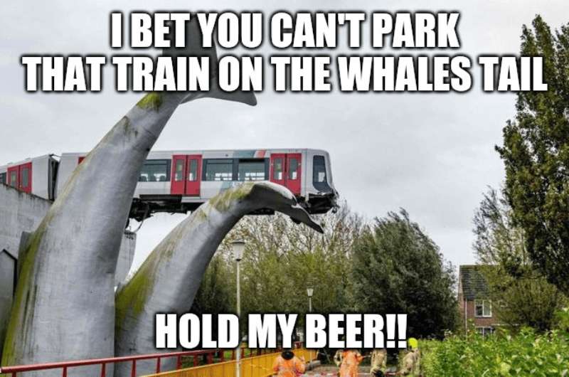 Meme about train parking showing a train that came off the tracks