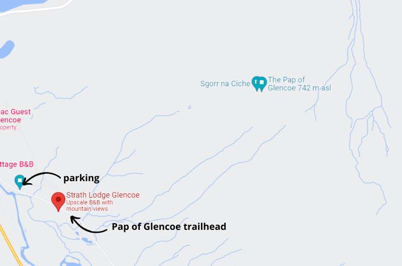 Pap of Glencoe map of parking and trailhead locations