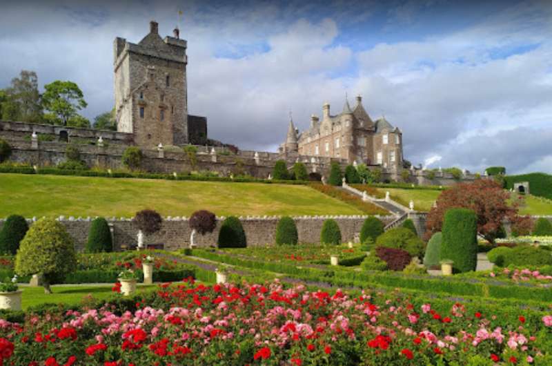 Drummond Castle Gardens in Scotland, view of the castle