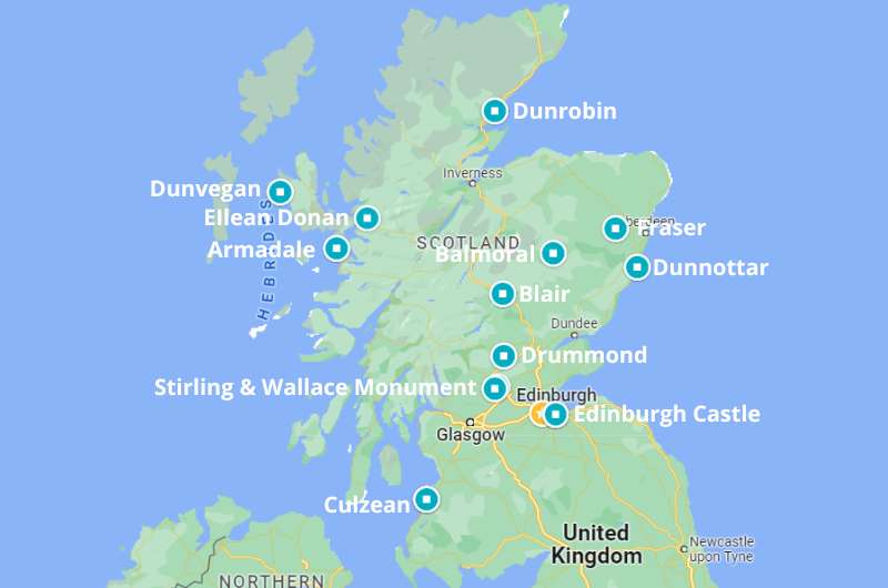 Map showing locations of the best castles in Scotland