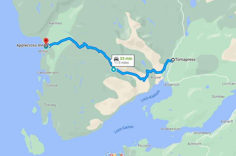 A map of the scenic road from TOrnapress to Applecross in Scotland