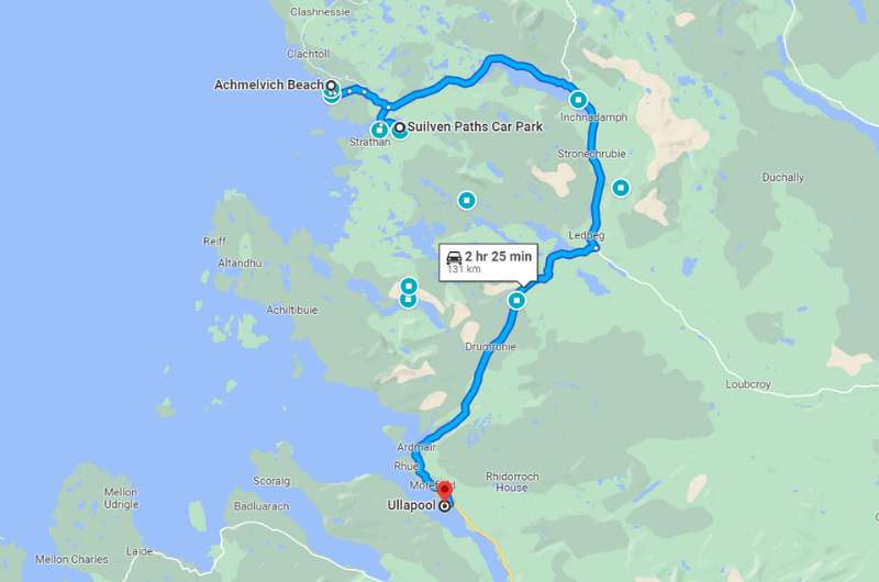 Map showing stops for day 2 of Highlands itinerary