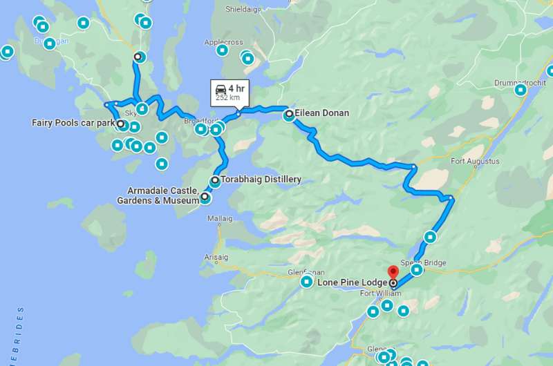 Map showing stops for day 5 of Highlands itinerary 