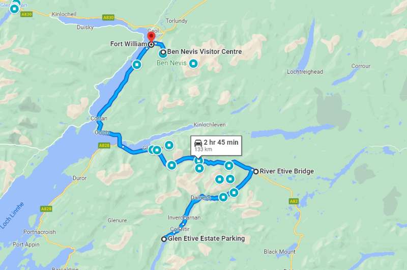 Map showing stops for day 7 of Highlands itinerary