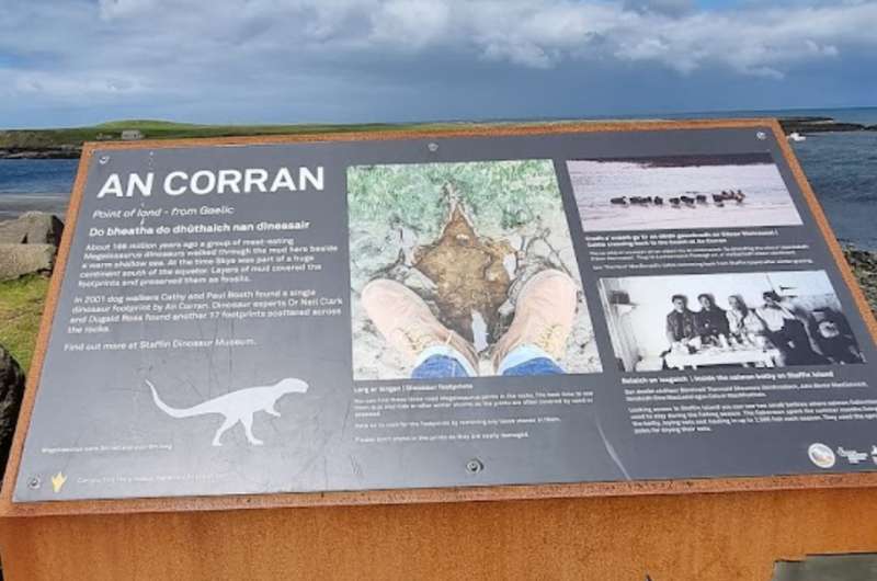 Sign about dinosaur footprints at An Corran Beach on Isle of Skye