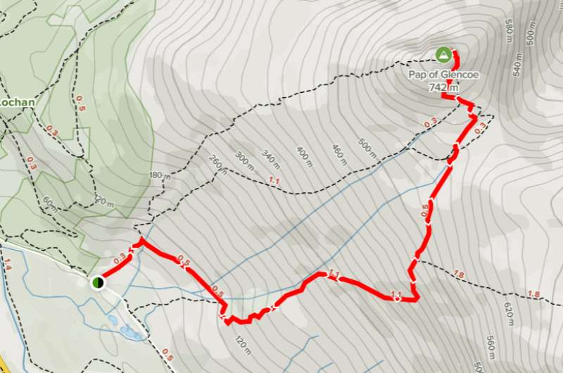 Trail map for Pap of GLencoe hike in Scotland