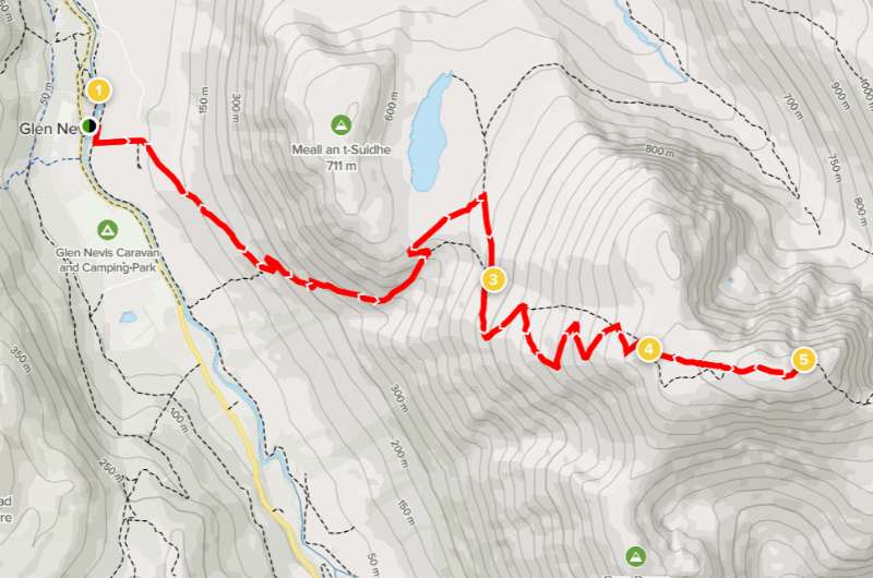 Trail map of Ben Nevis hike, Scotland