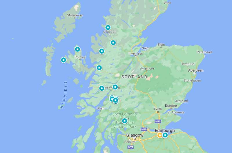 Map of the best places in Scotland for couples