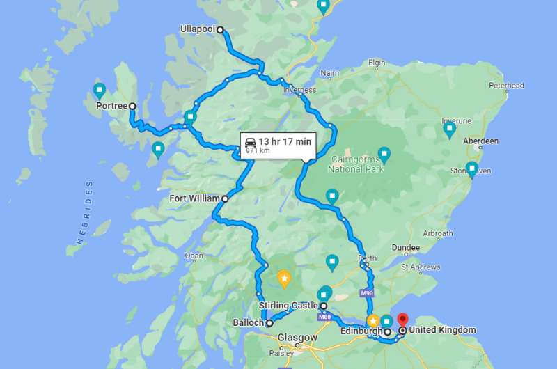 Map of 10 day Scotland road trip itinerary    