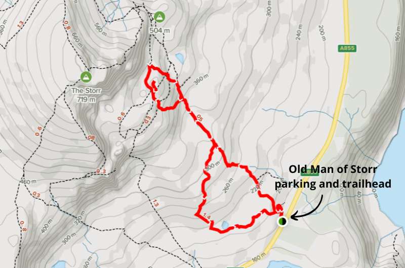 Map of the Old Man of Storr walk route, Scotland