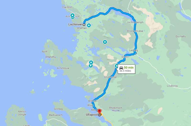 Map of the route from Achmelvich Beach to Ullapool, Scotland