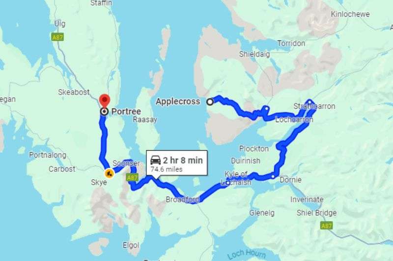Map of the route from Applecross Inn to Portree, Scotland