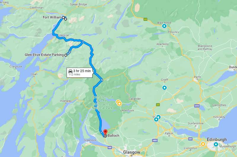 Map of the route from Fort William to Balloch, Scotland