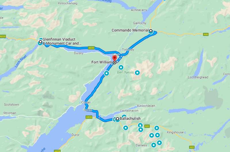 Map of the route from Glenfinnan Viaduct to For William, Scotland