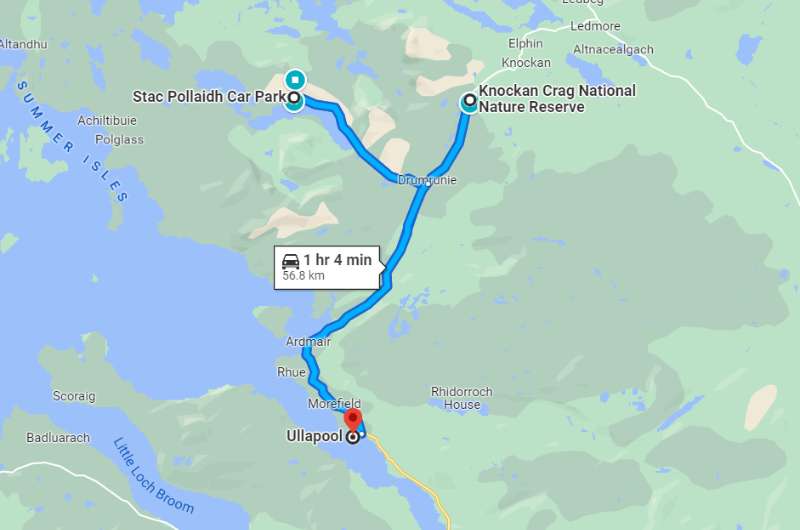 Map of the route from Stac Pollaidh to Ullapool, Scotland