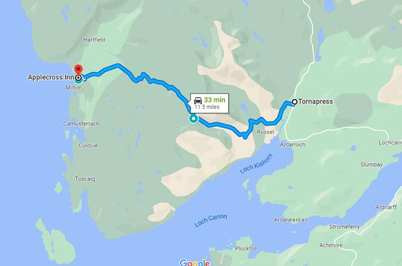 Map of the route from Tomapress to Applecross Inn, Scotland